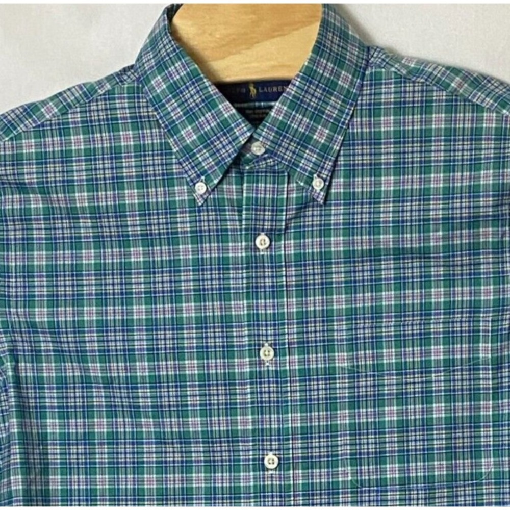 Ralph Lauren Mens Shirt L Blue Green Plaid Long Sleeve Stretch